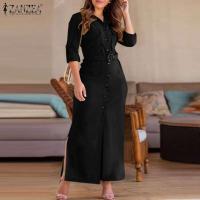 ZANZEA-Vestido camisero elegante para mujer, Vestido veraniego de trabajo OL, informal, con cuello de solapa, manga larga, para fiesta, dobladillo dividido, 2025 - details 3