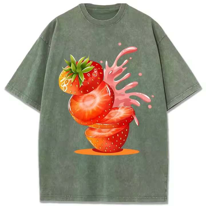 Camiseta lavada con estampado creativo de zumo de fresa para mujer, camisetas de algodón que combinan con todo, Top con cuello redondo, manga corta holgada de verano - 1