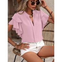 Jersey Elegante De Color Rojo Rosa Para Mujer, Blusa Informal Con Cuello En V Y Mangas Con Volantes De Doble Capa, Top De Color Sólido - details 7