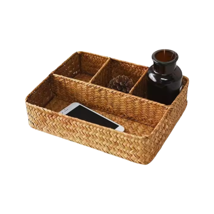 1 pieza Cesta de almacenamiento de paja de mar tejida a mano: organizador multiusos para escritorio, cajones, baño, cocina, oficina en casa. Almacena cosméticos, joyas, aperitivos, maquillaje; decorativa para el hogar, dormitorio, sala. Ideal para volver - 1