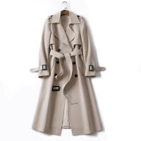 Gabardina de doble botonadura para mujer, abrigo clásico con solapa, abrigo ajustado con cinturón - details 7