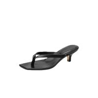 Sandalias de punta cuadrada con clip para mujer, verano 2024, nuevas chanclas de tacón alto, talla grande, tacón delgado, pantuflas de cuero para mujer para exteriores - details 3