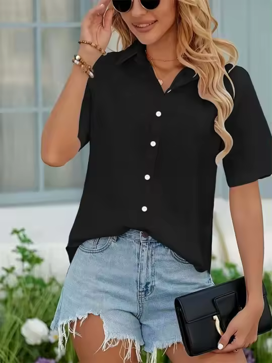 2025 estilo clásico Simple verano mujeres para mujeres Color suave moda Tops cien camisa de manga corta - 1