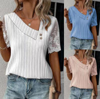 Camiseta de manga corta con cuello inclinado para mujer, de color sólido empalme de manga de encaje, Color blanco, talla S - details 4