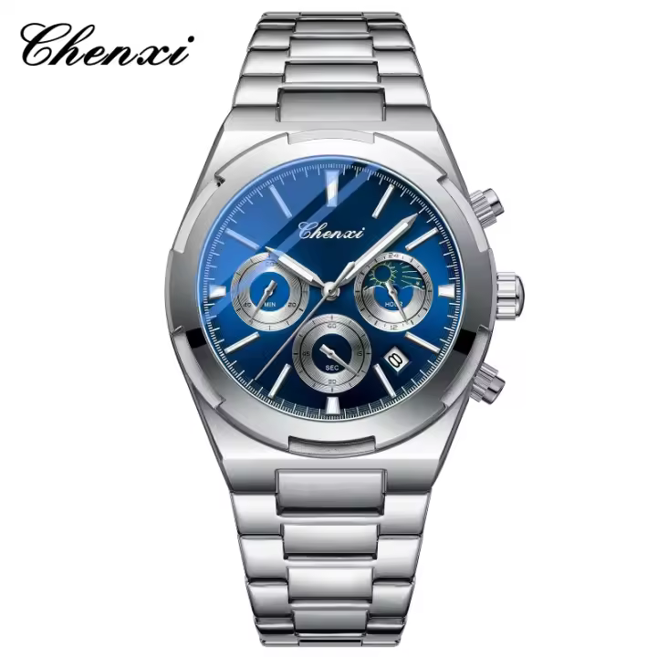 Reloj para hombre Reloj multifuncional Calendario Cronógrafo de fase lunar Reloj para hombre Cinturón de acero Luminoso resistente al agua - 1