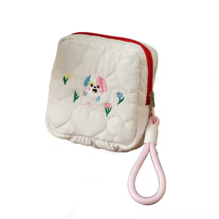 Bolsa de cosméticos con bordado de perro estilo Ins con colgante de cuerda, bolsa de cosméticos cuadrada con cremallera, monedero cuadrado de gran capacidad para mujer - 1