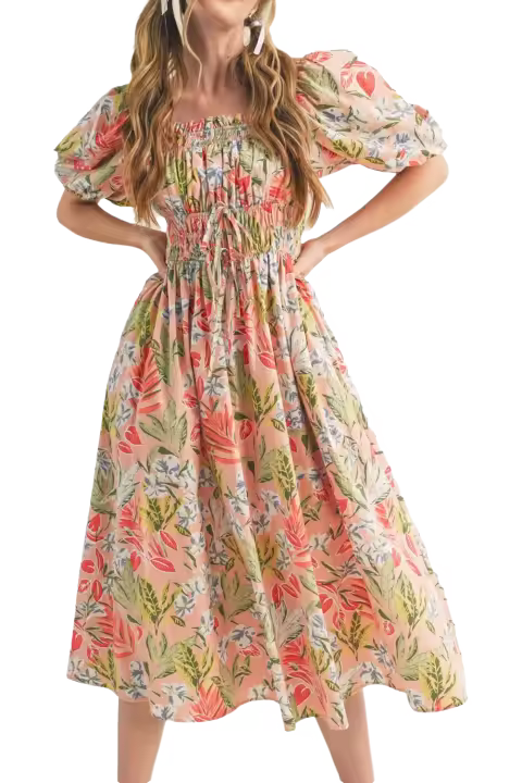 Elrachen Vestido largo de manga corta con burbujas y busto fruncido floral para mujer, rosa albaricoque, tallas S-XL - 1