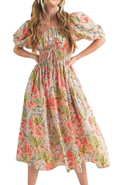 Elrachen Vestido largo de manga corta con burbujas y busto fruncido floral para mujer, rosa albaricoque, tallas S-XL - 1