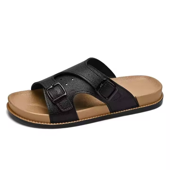 Nuevas sandalias deslizantes, zapatos planos con punta redonda, suela suave y gruesa, zapatillas en espiga, zapatillas con hebilla de cinturón para hombre - 1