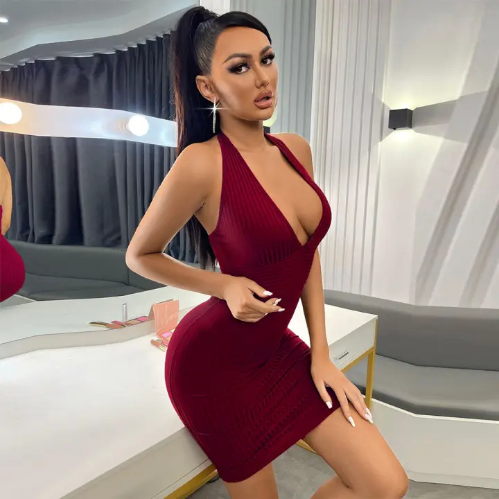 Mujer V cuello vestido de cintura cerrada temperamento delgado chica picante - 1