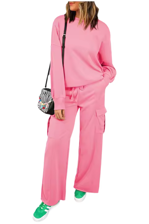 Elrachen Conjunto de dos piezas para mujer con jersey y pantalones cargo, color rosa sólido, tallas S-2XL - 1