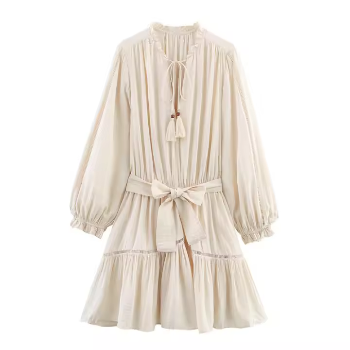 - Novedad de verano, minivestido de mujer con escote en pico y manga larga efecto arrugado - 1