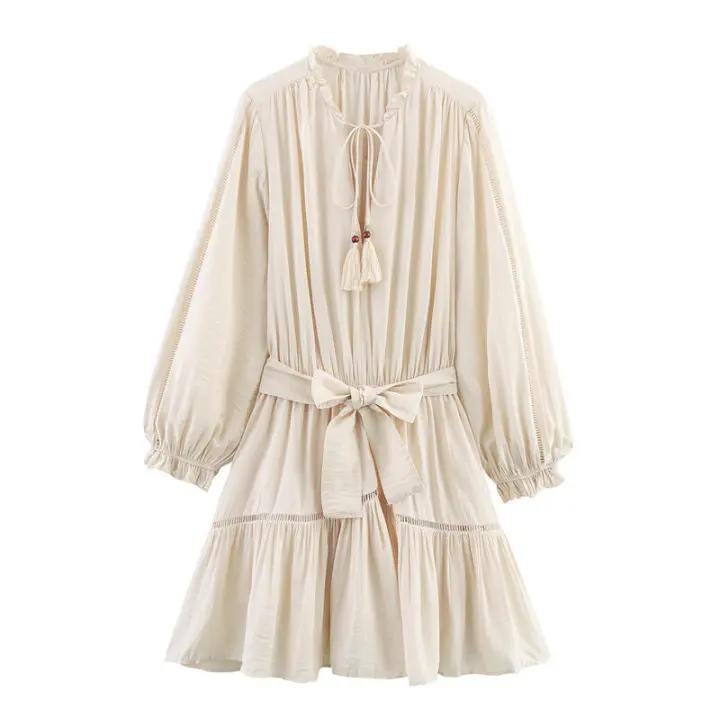 OUWU- Novedad de verano, minivestido ajustado de manga larga con efecto arrugado y cuello en V para mujer - 1