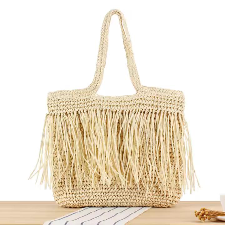 Bolso tejido hecho a mano con borla elegante coreana, vacaciones en la playa, bolso de hombro versátil de gran capacidad, moda - 1