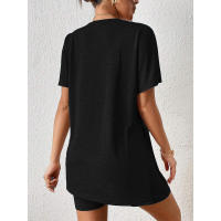 Conjunto de Dos Piezas Cómodo de Color Sólido Manga de Bato, Cuello Redondo, Shorts Ajustados para Mujeres - details 14