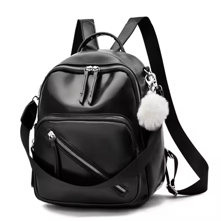 Mochila informal para mujer, bolso de hombro, bolso de viaje antirrobo, bolso escolar de cuero PU + mochila de nailon, adorno de pompón, bolso de mujer, mochilas - 1