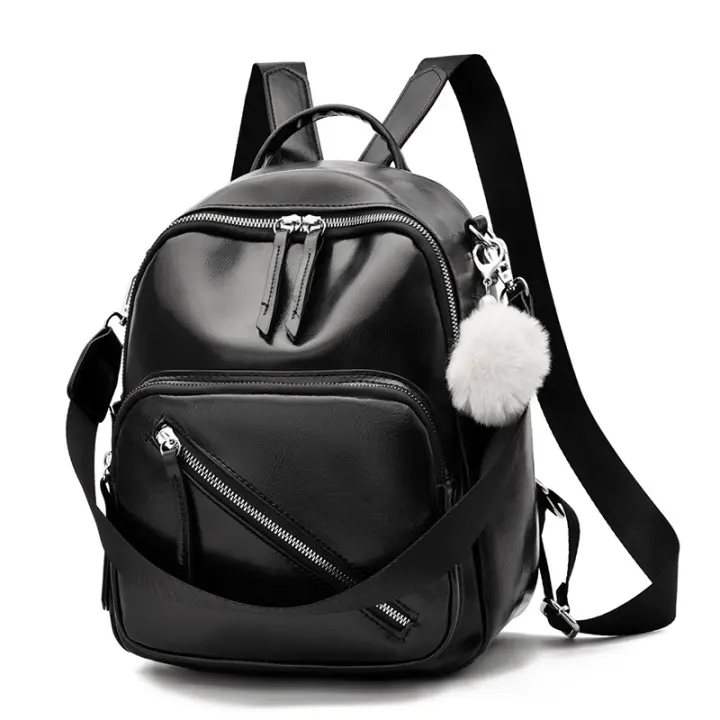 Mochila informal para mujer, bolso de hombro, bolso de viaje antirrobo, bolso escolar de cuero PU + mochila de nailon, adorno de pompón, bolso de mujer, mochilas - 1