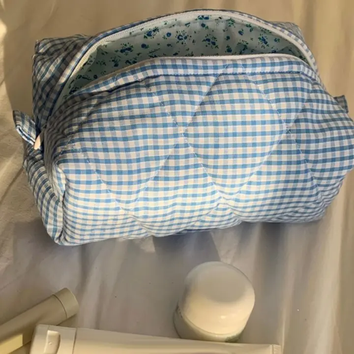 Bolsa de maquillaje acolchada de algodón a cuadros, bolso de cuidado de la piel de gran capacidad con cremallera, bolsa de almacenamiento de cosméticos de viaje - 1