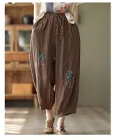 Pantalones bombachos bordados de lino y algodón para mujer, pantalones de pierna ancha con cordón de talla grande, cintura elástica, ajuste suelto informal, primavera y verano, 3xl, 2xl - details 3