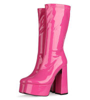 Botas de longitud media para mujer, con plataforma impermeable, tacón grueso, cremallera lateral, botas de moda de charol, Otoño/Invierno 2025 - details 22