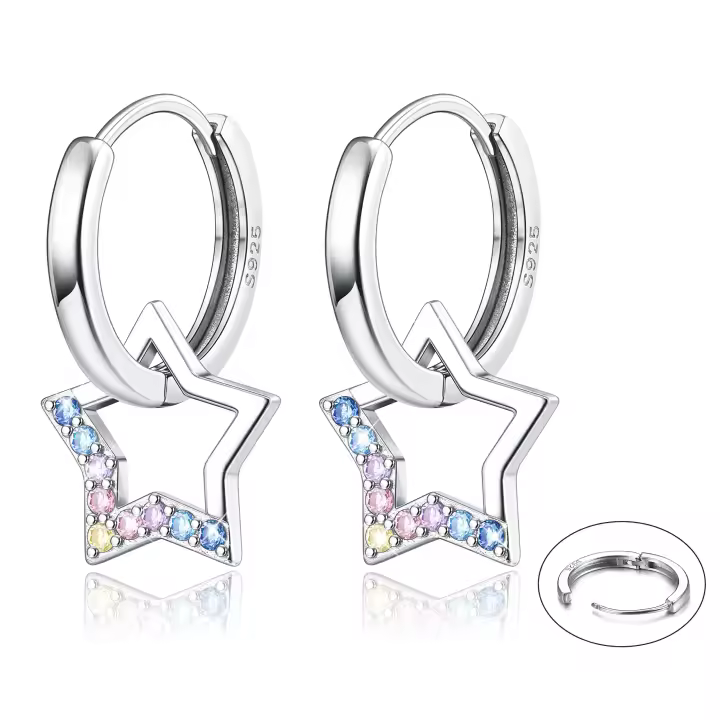 Pendientes Mujer Plata Hipoalergénica Pendientes de Plata de Ley 925 Pendientes de Estrella Delicados Pendientes Colgantes Pendientes de Aros de Plata para Mujer Niña - 1