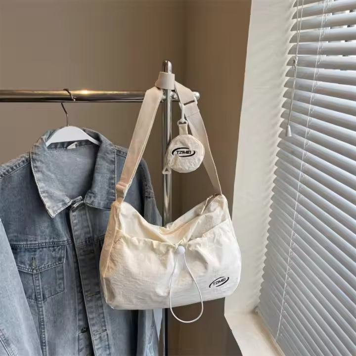 Bolso de hombro con cordón informal Simple, bolso cruzado plisado con cremallera ligero, bolso de viaje de gran capacidad de Color sólido para verano - 1