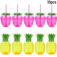 Taza de plástico para beber con pajita, vaso de piña y fresa, decoración de fiesta hawaiana, flamenco Luau, decoración de fiesta de playa y piscina, 10 piezas - details 2