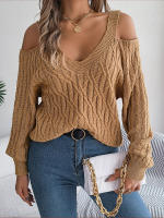 Jersey con cuello en V para mujer, manga farol, Color sólido, torceduras de masa frita, suéter informal suelto, Tops de moda, otoño e invierno, 2023 - details 16