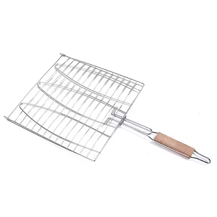 Rejilla antiadherente para parrilla de pescado, cesta Triple con mango de madera, herramienta de barbacoa, 1 piezas - 1