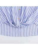 Camisa De Lino Mezclado Azul Con Rayas Estilo Académico Veraniego Para Mujer Casual Cuello En V Manga Tres Cuartos Ajuste Regular - details 7