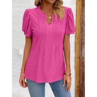 Camiseta holgada de Color sólido de manga corta con cuello en V para mujer a la moda de estilo coreano para verano - details 14