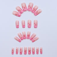 24pcs Uñas Postizas De Ballet Rosa Mediano Con Línea Roja Francesa Adhesivo De Gel Desmontable Y Reutilizable Juego Con Herramienta De Empujar Cutículas - details 1