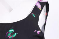 Women vintage spaghetti strap floral print high waist elegant sleeveless a-line party midi dress - details 5