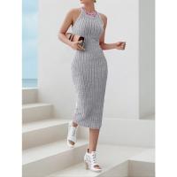 Vestido Bodycon Midi De Verano Para Mujer Cuello Halter Sólido Alta Cintura Slim Elegante Vestido De Oficina Sin Mangas Polyester - details 16