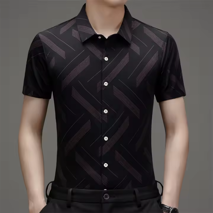 Camisa de manga corta elástica estampada para hombre, ropa informal de playa de verano para hombres de mediana edad - 1