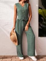 Conjunto de Lino para Mujer Verano 2025 Chaleco Abotonado con Cuello V y Pantalón Ancho - details 4