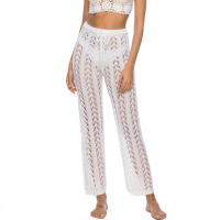 Pantalones de pierna ancha calados con cordones para mujer, pantalón de pierna ancha, color Beige, de cintura alta, transparente, para vacaciones en la playa, color blanco y negro, verano - details 9