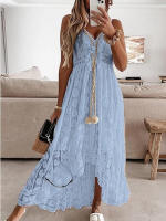 Vestido Fruncido con borlas, Sin Mangas, Cuello en V, Vestido Largo con Volantes y Fruncido con Cordones para Mujer - details 6
