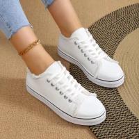 Zapatillas de lona vulcanizadas para mujer, zapatos planos de corte bajo con cordones, color blanco roto, primavera y otoño - details 1