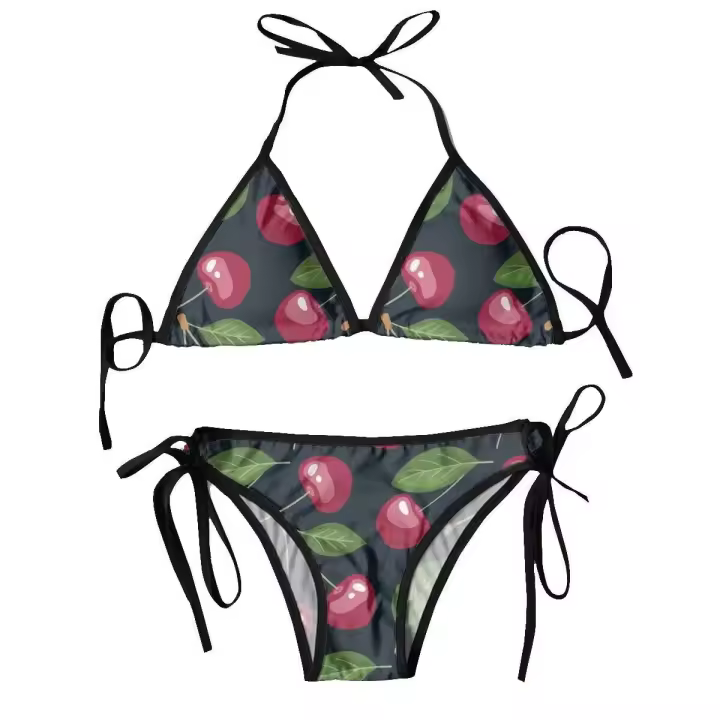 Traje de baño triangular para mujer Conjunto de bikini con cordones Traje de baño sexy con cuello halter Pushup Cherry - 1