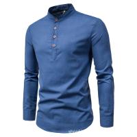 Camisa De Negocios Para Hombre De Cuello Erguido De Color Sólido Y Corte Slim Con Mangas Largas Y Cierre Único - details 1