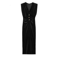 Vestido largo de terciopelo negro sin mangas con cuello en V para mujer, decoración de un solo pecho, verano n - details 1