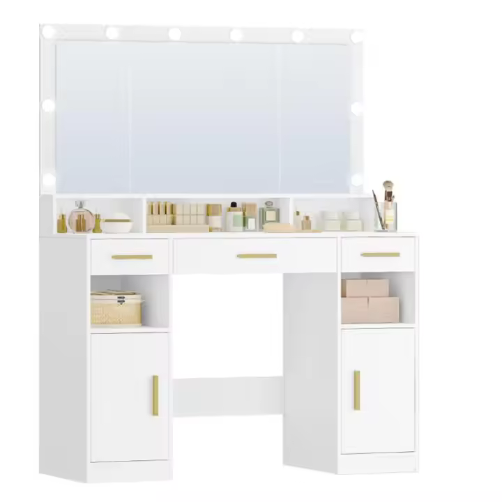 Tocador de Maquillaje con Espejo Grande, Tocador de Maquillaje con Luz, Luces LED con Brillo Ajustable, 3 Cajones, 2 Armarios, 5 Compartimentos Abiertos, 40 × 108 × 140 cm, Blanco - 1