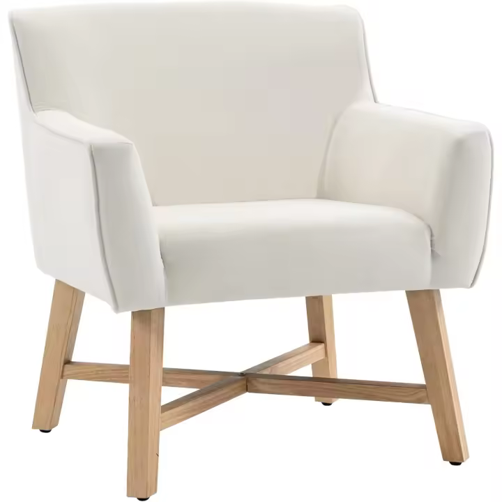 Butaca de Salón Tapizada en Terciopelo Sillón Relax Moderno con Asiento Reposabrazos Acolchados Patas de Madera y Base Cruzada para Dormitorio 67x65x74 cm Blanco - 1