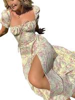 Meihuda Vestido largo de escuela secundaria con estampado de pastizales y manga corta esponjosa, con encaje en el pecho, nuevo - details 5