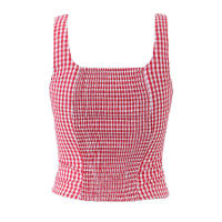 Top corto de algodón de verano 2025 con botones delanteros, camiseta sin mangas a cuadros negros y rojos para mujer - details 8