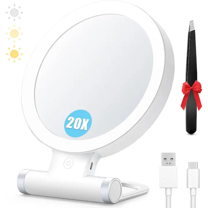 MIYADIVA 20X aumento 1X/20X tocador con luz, espejo de maquillaje de viaje con mango ajustable, espejo iluminado con Interruptor táctil para - 1