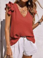 Camisa casual elegante con cuello en V para mujer, parte superior lisa con ribers de oficina, mangas de hoja de loto, verano - details 17