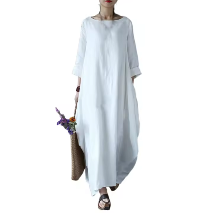 Vestido Maxi de Algodón y Lino Vintage Casual Cuello Redondo Manga Corta - 1