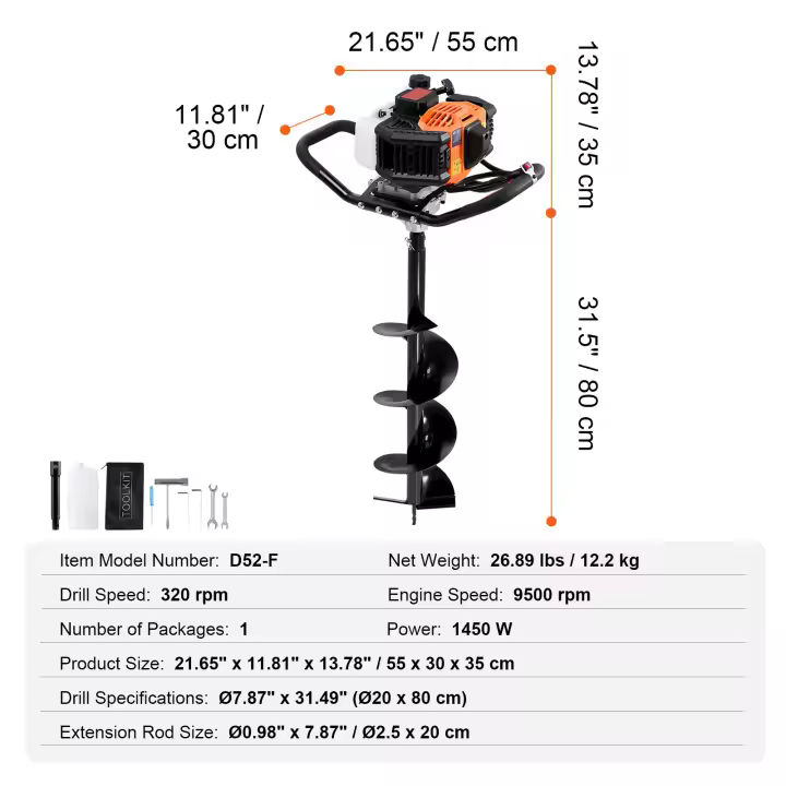 SucceBuy Excavadora de agujeros para postes de gas con brocas de 8" y 1 varilla de extensión, naranja+negro - 1